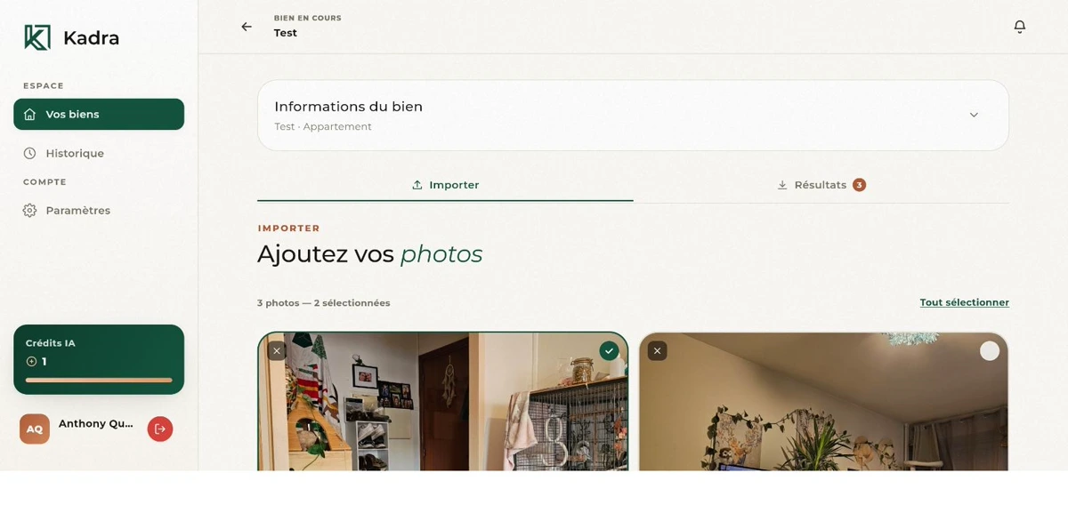 L'écran d'import de Kadra : les photos d'un bien, sélectionnées avant analyse.