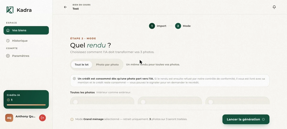 L'étape « Quel rendu ? » de Kadra, avec le rappel qu'un crédit n'est consommé qu'à l'envoi vers l'IA.