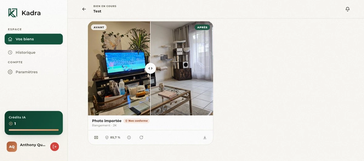 Un rendu Kadra marqué « Non conforme », avec son score de correspondance et sa mention.